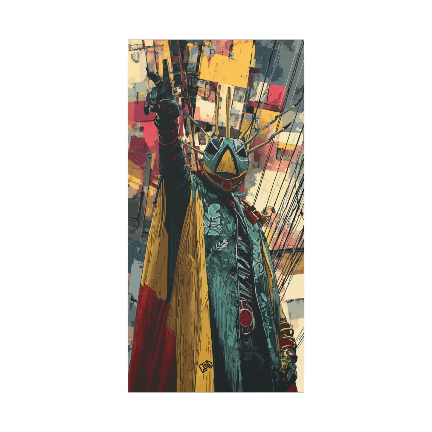 V3J1GANT3 Protector Canvas Print — Vibrant Masked Figure, Matte Stretched Wall Art