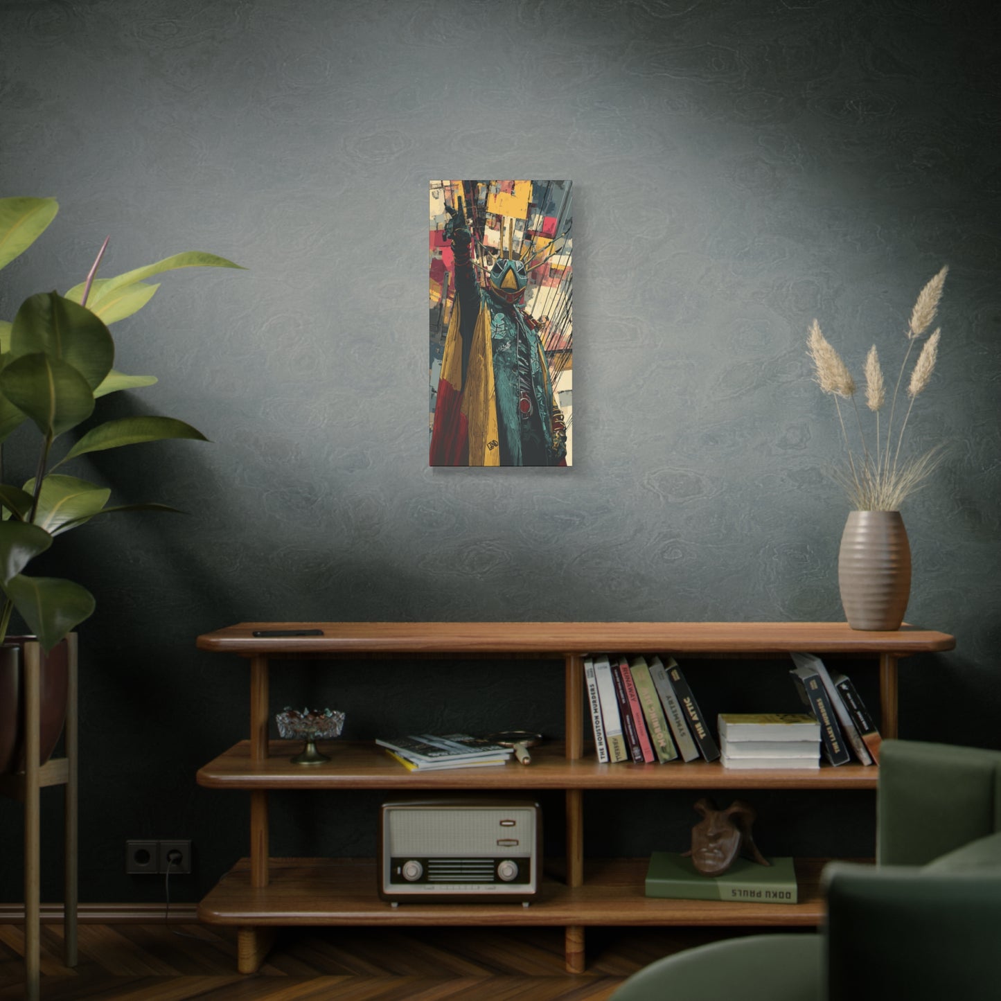 V3J1GANT3 Protector Canvas Print — Vibrant Masked Figure, Matte Stretched Wall Art